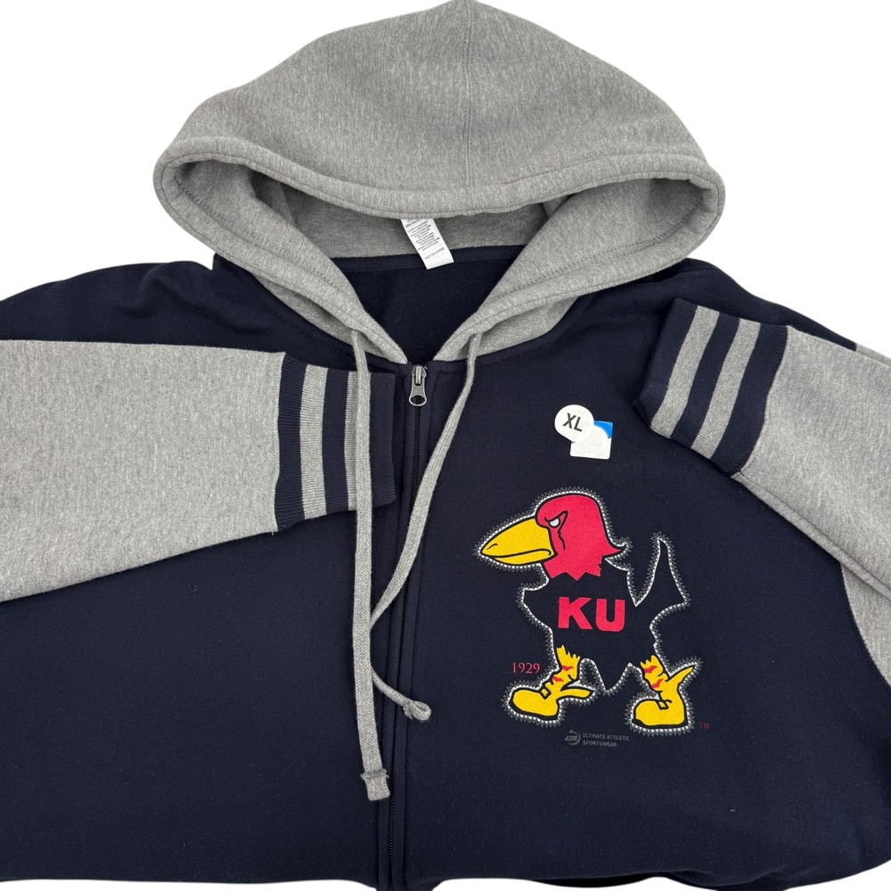 Kansas University Jayhawks Zip Up Hoodie Jacket Mens XL Navy Gray Athletic